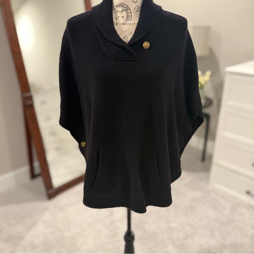 Elegant Black Women's Poncho with Brass Button Details